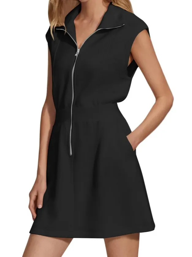 Women Fashion Casual Solid Color Lapel Zipper Pocket Sleeveless Dress - Image 3