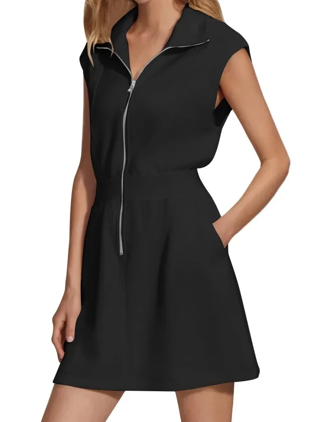 Women Fashion Casual Solid Color Lapel Zipper Pocket Sleeveless Dress - Image 7