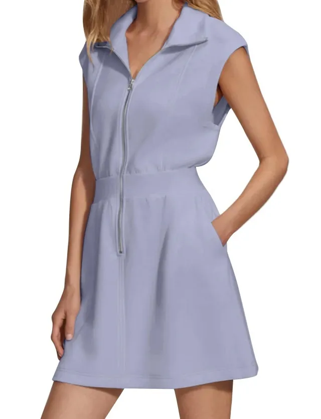 Women Fashion Casual Solid Color Lapel Zipper Pocket Sleeveless Dress - Image 9