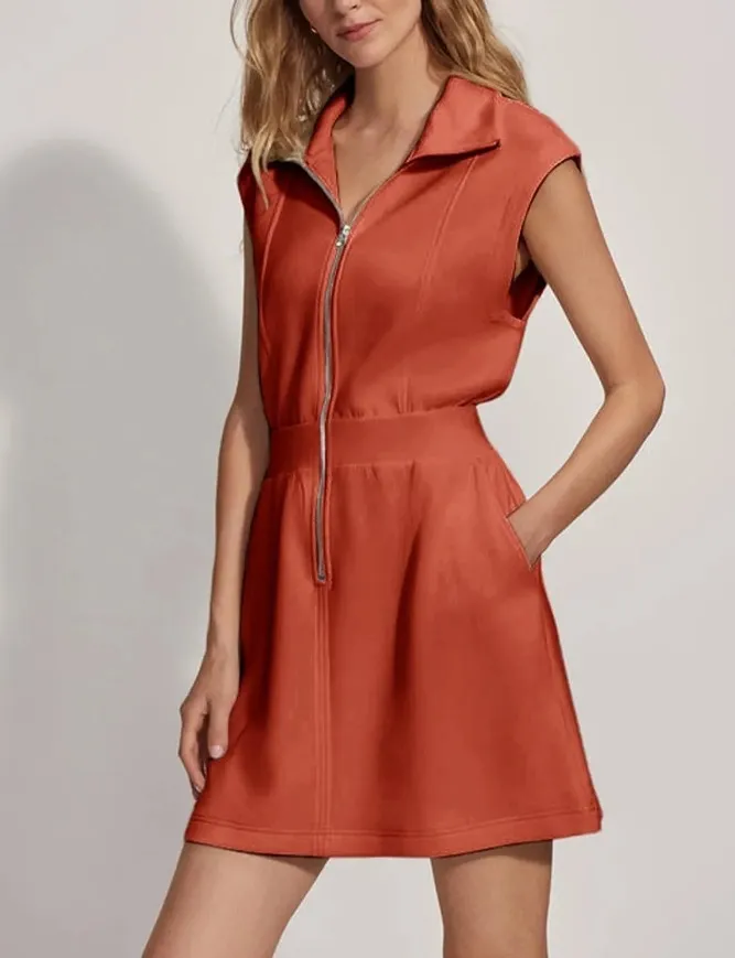 Women Fashion Casual Solid Color Lapel Zipper Pocket Sleeveless Dress - Image 13