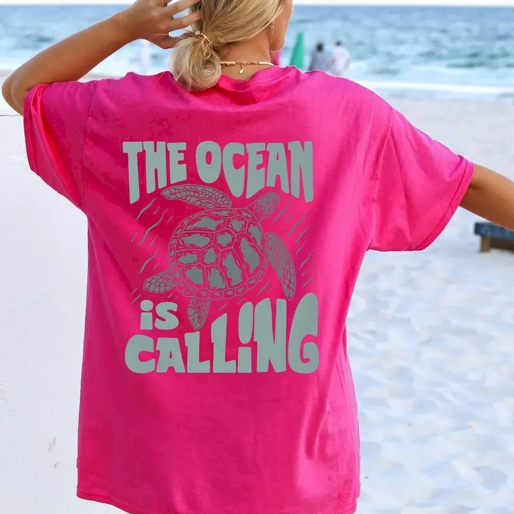 Women Fashion Casual Letter And Turtle Printed Round Neck Short-Sleeve T-Shirt - Image 4