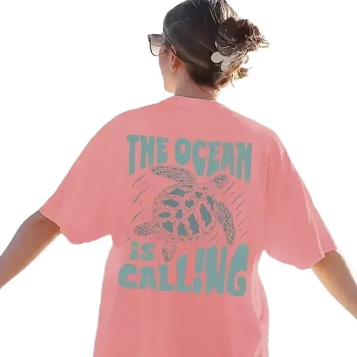 Women Fashion Casual Letter And Turtle Printed Round Neck Short-Sleeve T-Shirt - Image 5