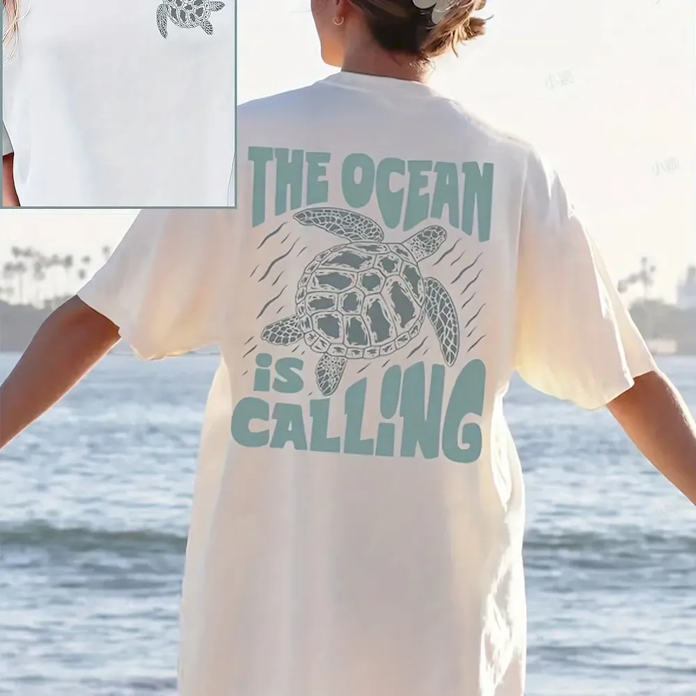 Women Fashion Casual Letter And Turtle Printed Round Neck Short-Sleeve T-Shirt - Image 6