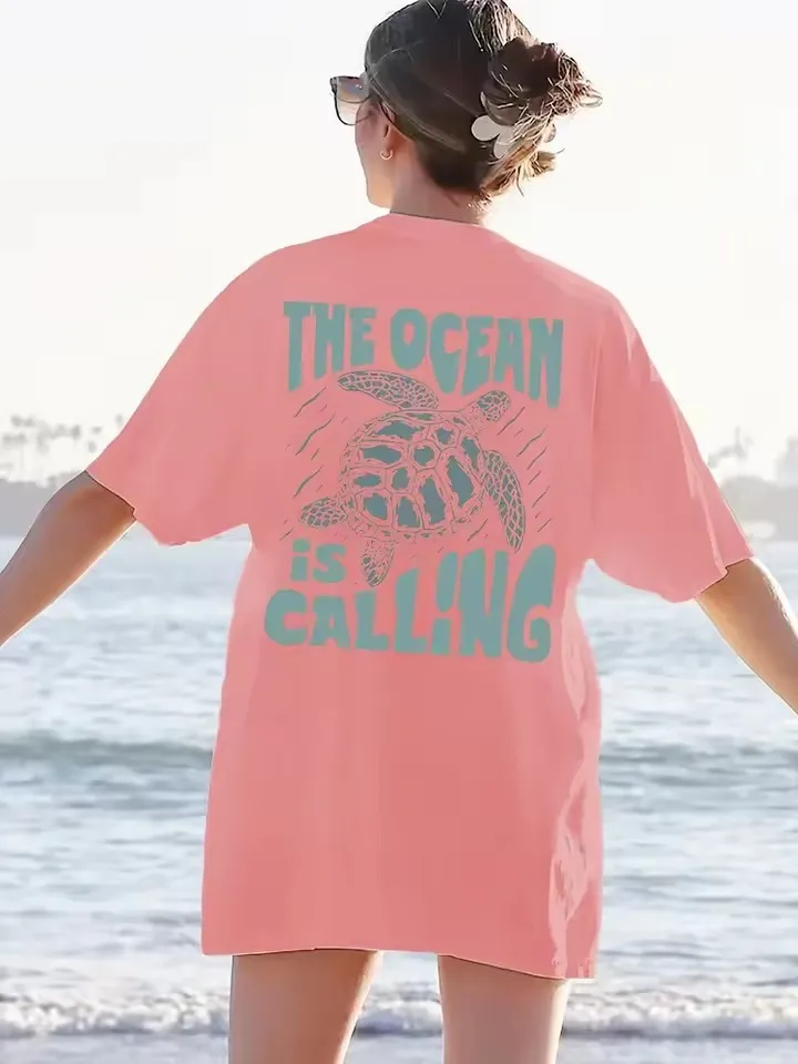 Women Fashion Casual Letter And Turtle Printed Round Neck Short-Sleeve T-Shirt - Image 7