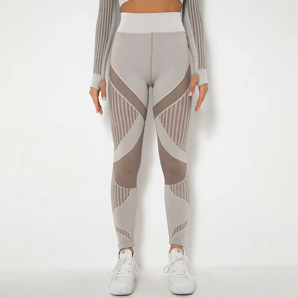 Women Fashion Casual Solid Color Hollow-Out Seamless High Waist Slim-Fit Yoga Sports Leggings