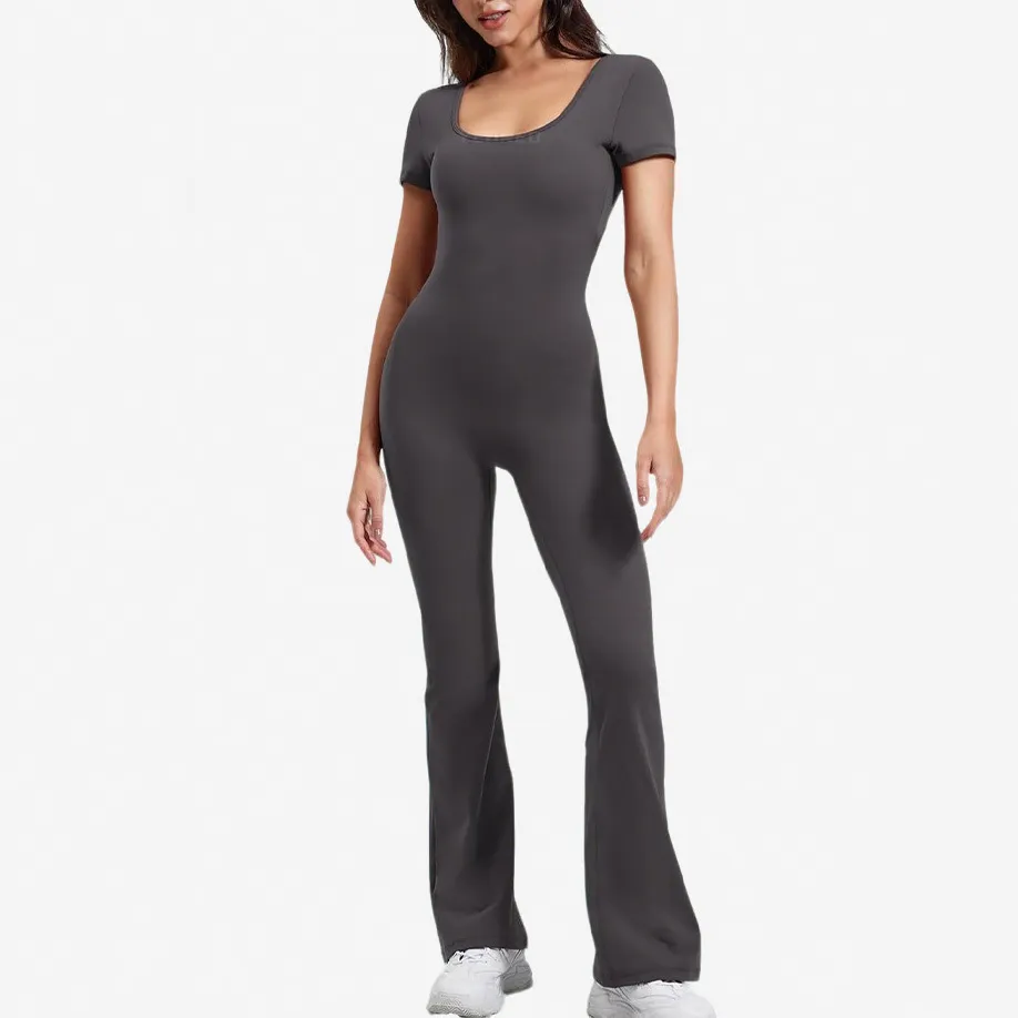 Women Fashion Casual Solid Color Square Neck Short-Sleeve Backless Yoga Sports Jumpsuits