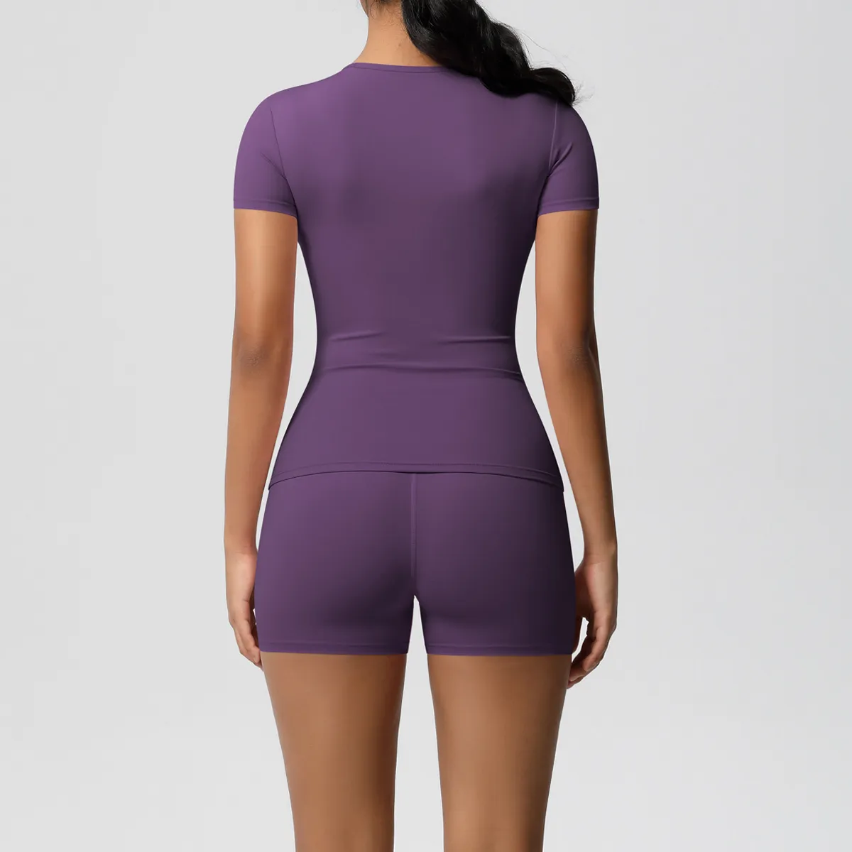 Women Fashion Casual Solid Color Short-Sleeve T-Shirt Tight Shorts Yoga Sports Two-Piece Set - Image 5