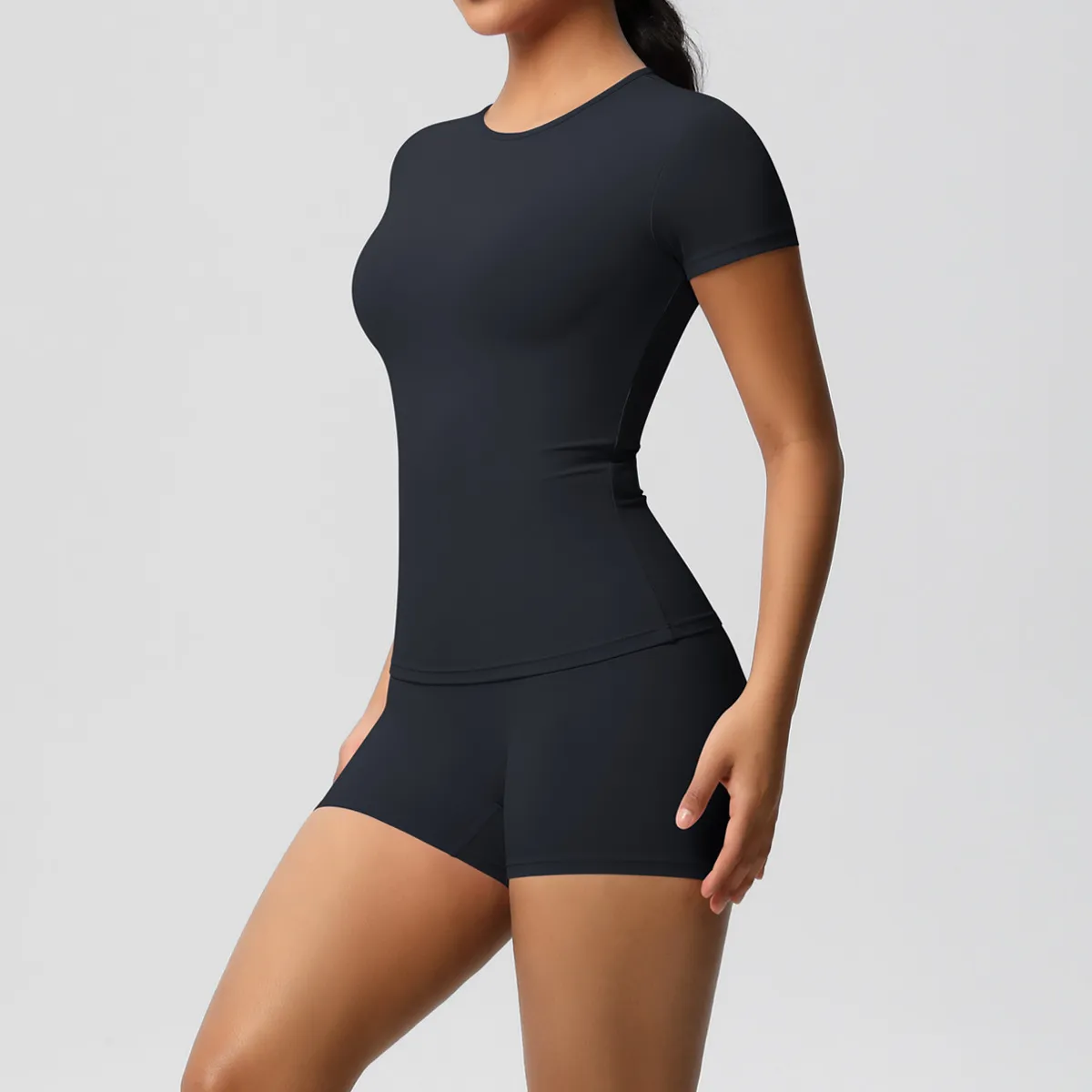 Women Fashion Casual Solid Color Short-Sleeve T-Shirt Tight Shorts Yoga Sports Two-Piece Set - Image 7