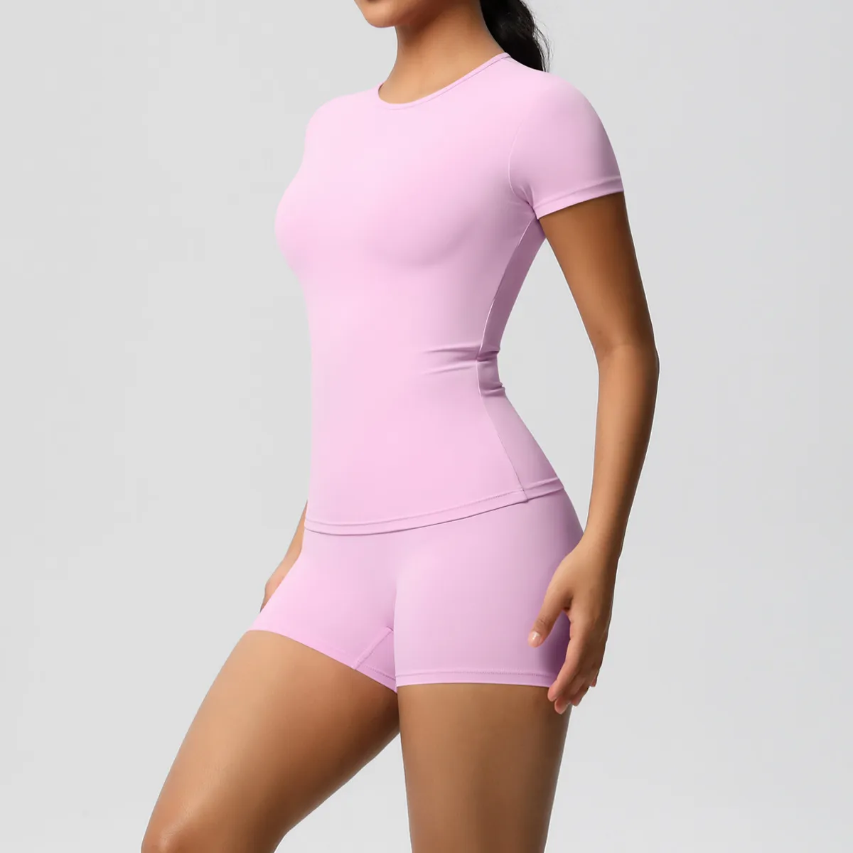 Women Fashion Casual Solid Color Short-Sleeve T-Shirt Tight Shorts Yoga Sports Two-Piece Set - Image 15