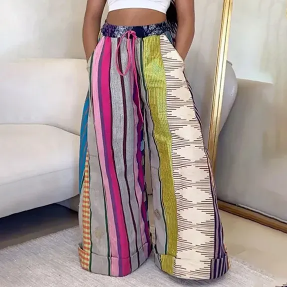 Women Fashion Casual Color Block Wide Leg Pants