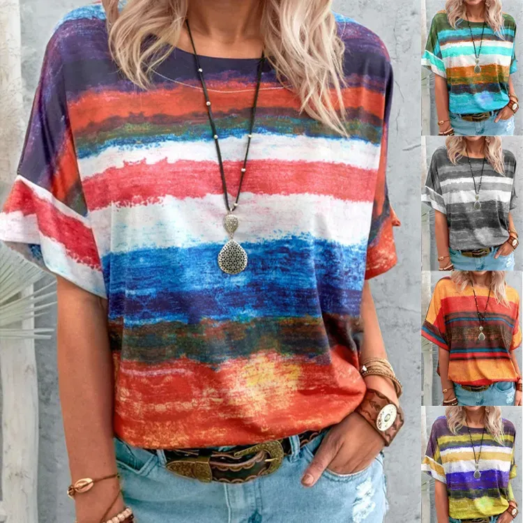 Women Casual Multicolor Print Short-Sleeve T-Shirt