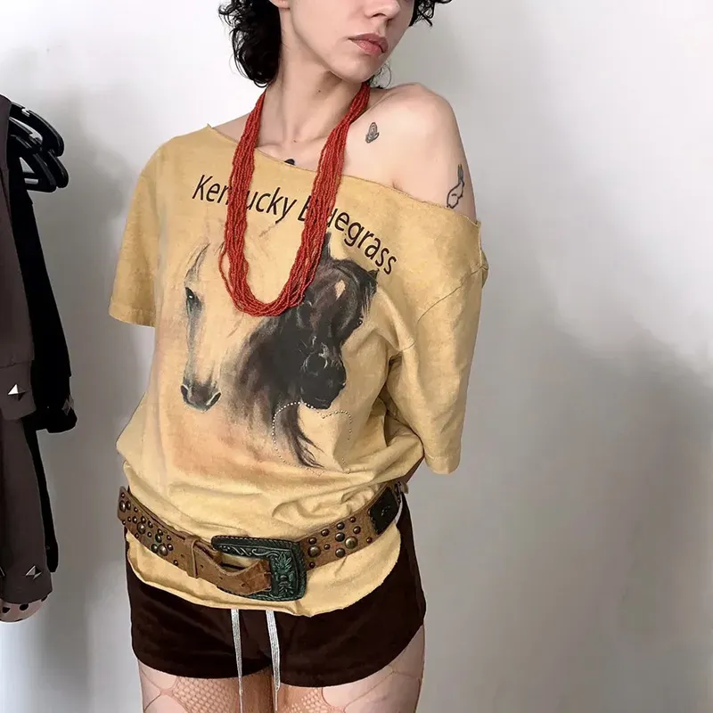 Women Summer Street Fashion Letter Printed Short-Sleeved Slant Collar T-Shirt