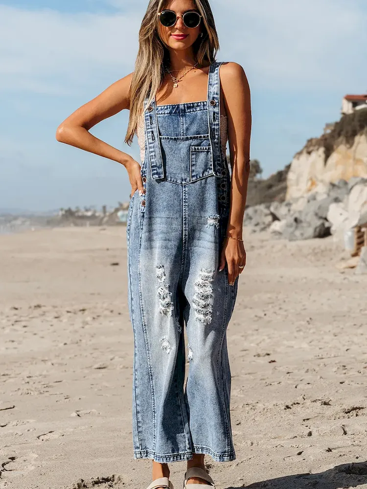 Autumn Solid Color Denim Strap Ripped Cropped Jumpsuits - Image 3