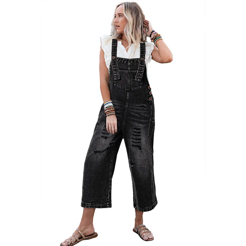 Autumn Solid Color Denim Strap Ripped Cropped Jumpsuits - Image 6