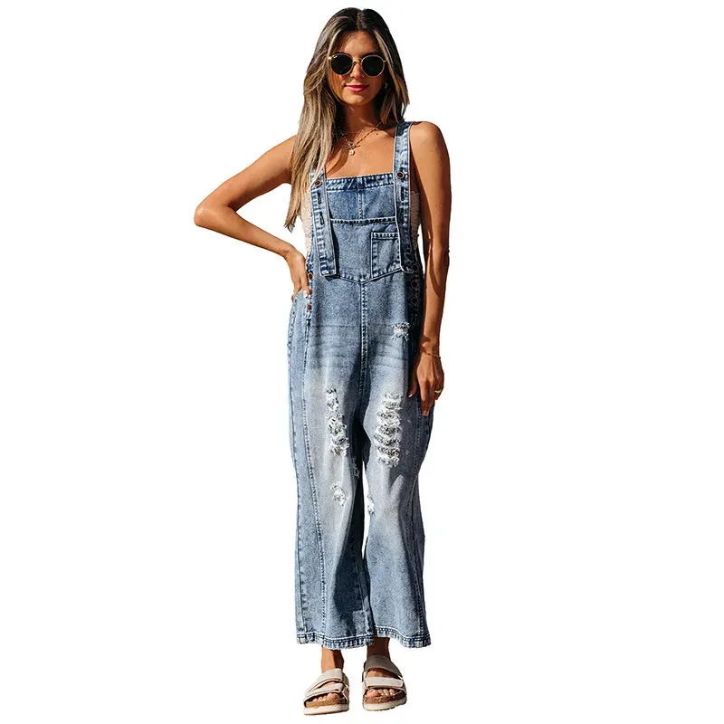 Autumn Solid Color Denim Strap Ripped Cropped Jumpsuits - Image 7