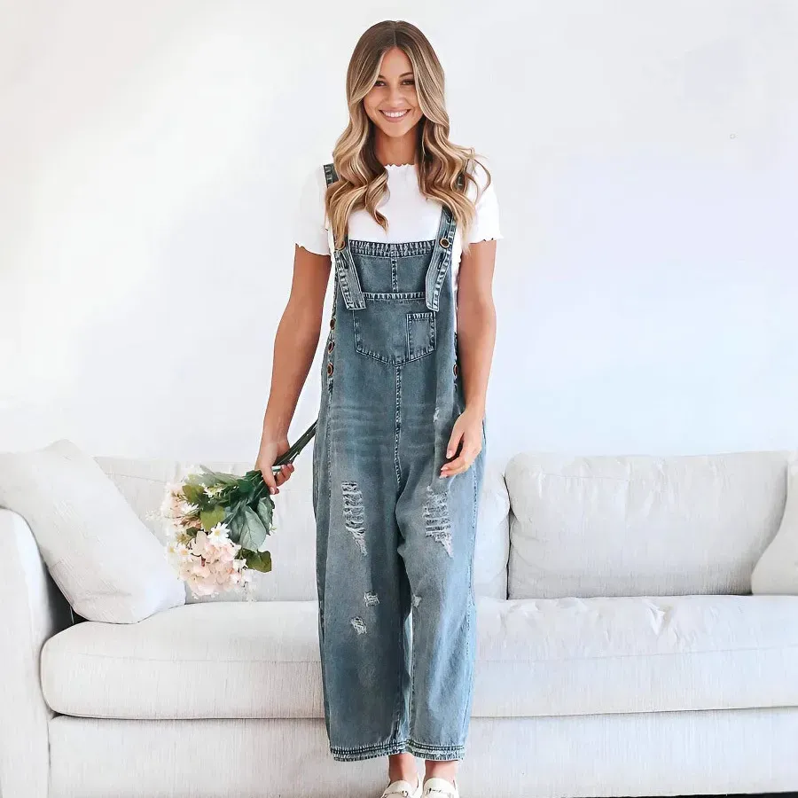 Women Fashion Casual Retro Ripped Loose Wide Leg Denim Jumpsuits