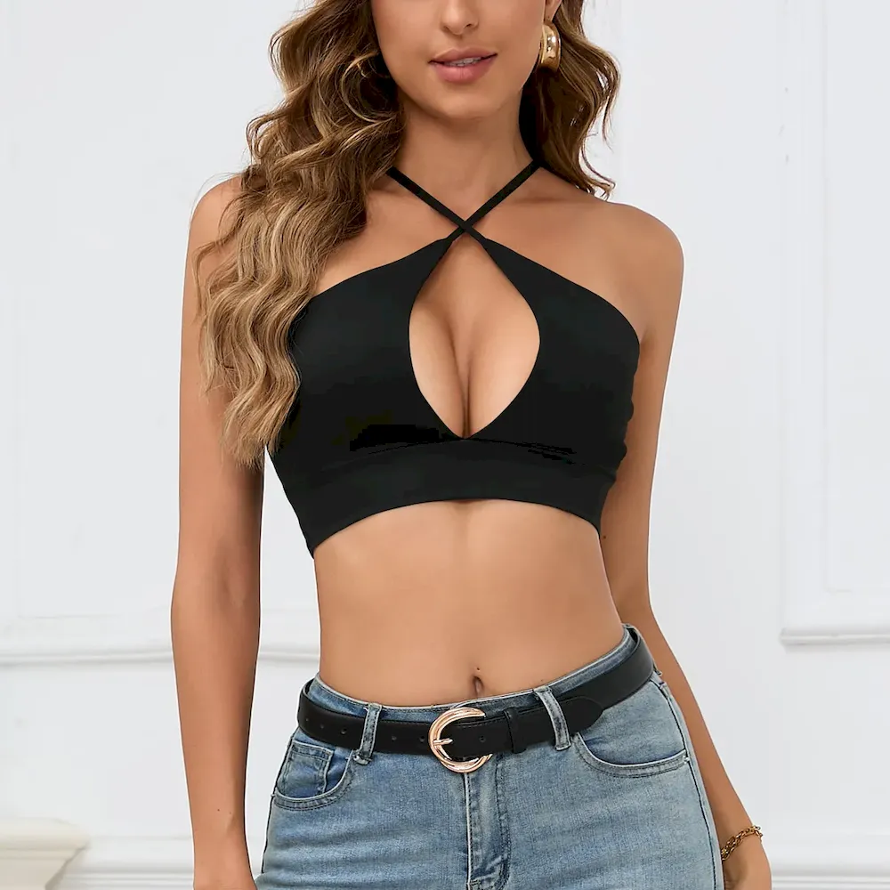 Women Sexy Hollow Solid Color Cropped Camisole