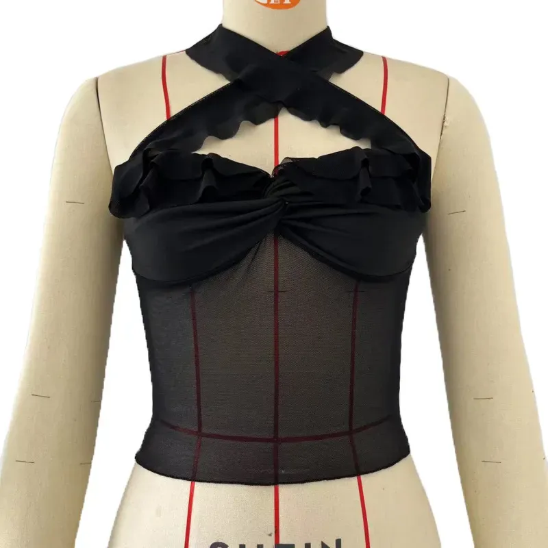 Women Fashion Sexy Mesh Perspective Stitching Halter-Neck Crop Top - Image 5