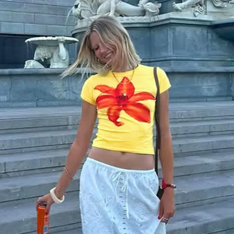 Women Fashion Cute Printed Round Neck Short-Sleeve Crop Top - Image 4