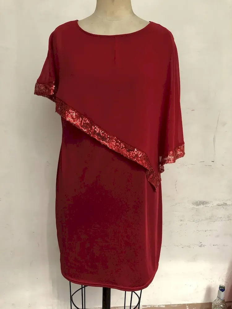 Women Fashion Irregular Plus Size Sequins Stitching Short-Sleeve Slim Fit Dress - Image 6