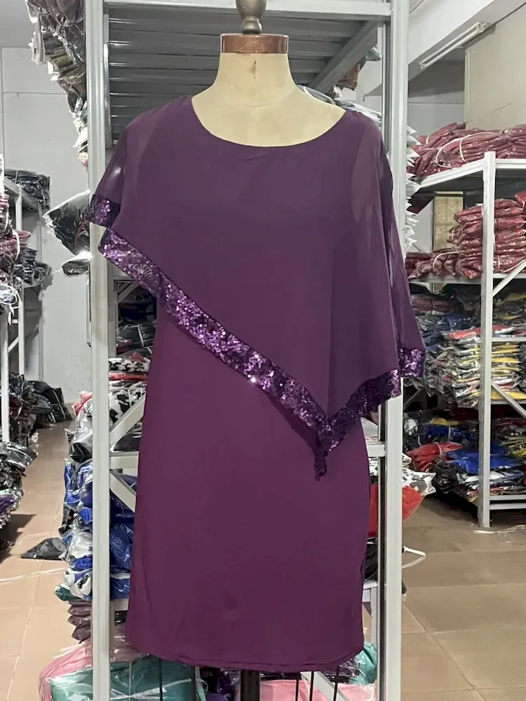 Women Fashion Irregular Plus Size Sequins Stitching Short-Sleeve Slim Fit Dress - Image 7