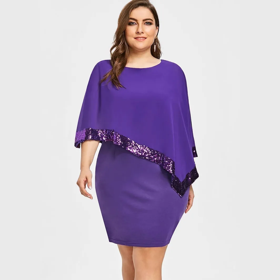 Women Fashion Irregular Plus Size Sequins Stitching Short-Sleeve Slim Fit Dress - Image 8
