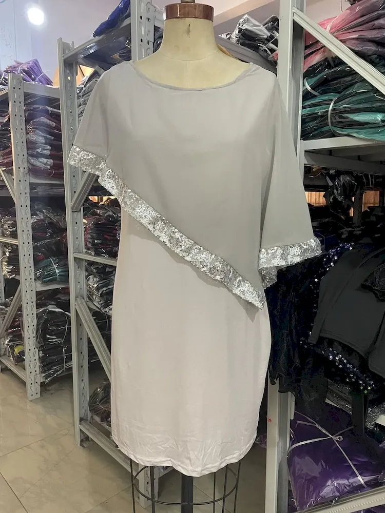 Women Fashion Irregular Plus Size Sequins Stitching Short-Sleeve Slim Fit Dress - Image 10