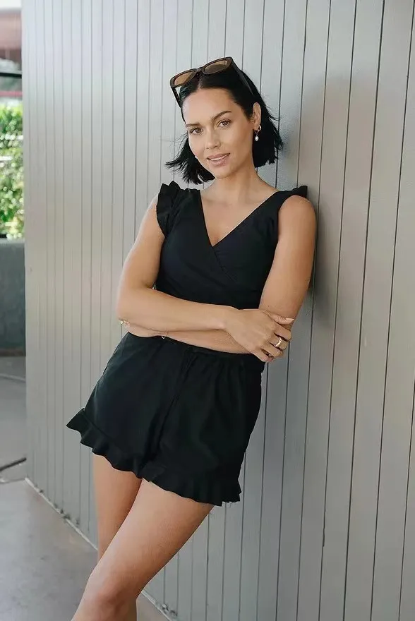 Women Fashion Sexy Plus Size Printed V-Neck Edge Curl Sleeveless Rompers - Image 6