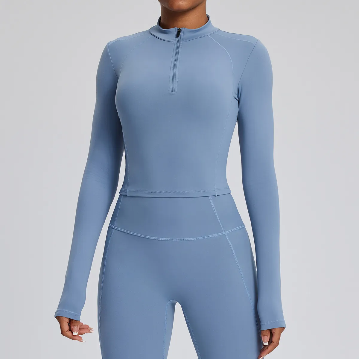 Women Fashion Solid Color Long-Sleeve Zipper Tight Quick-Dry Yoga Top
