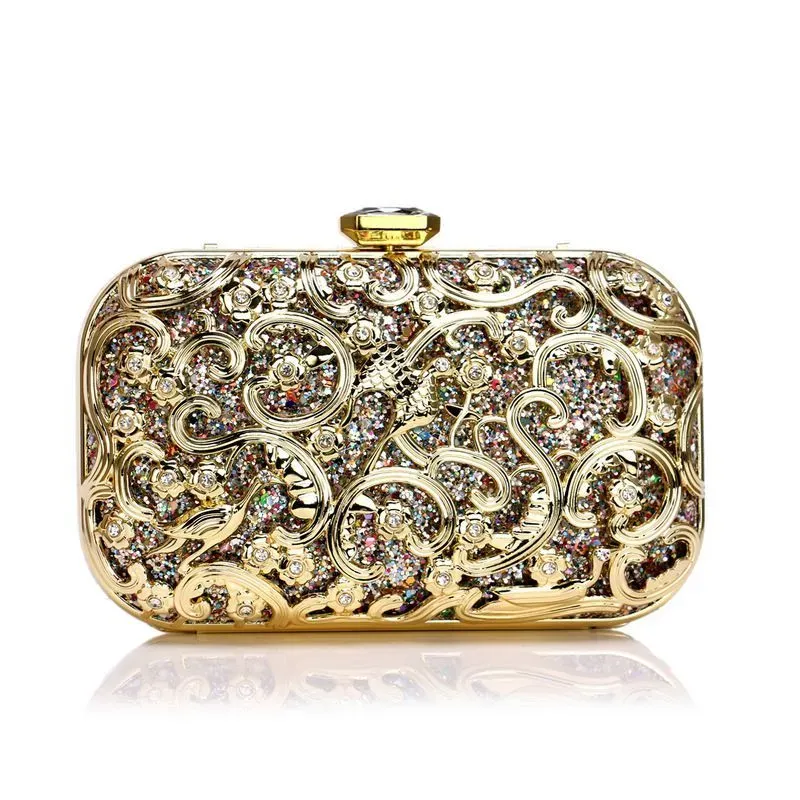 Hollow Out Metal Rhinestone Flower Pattern Evening Clutch Bags