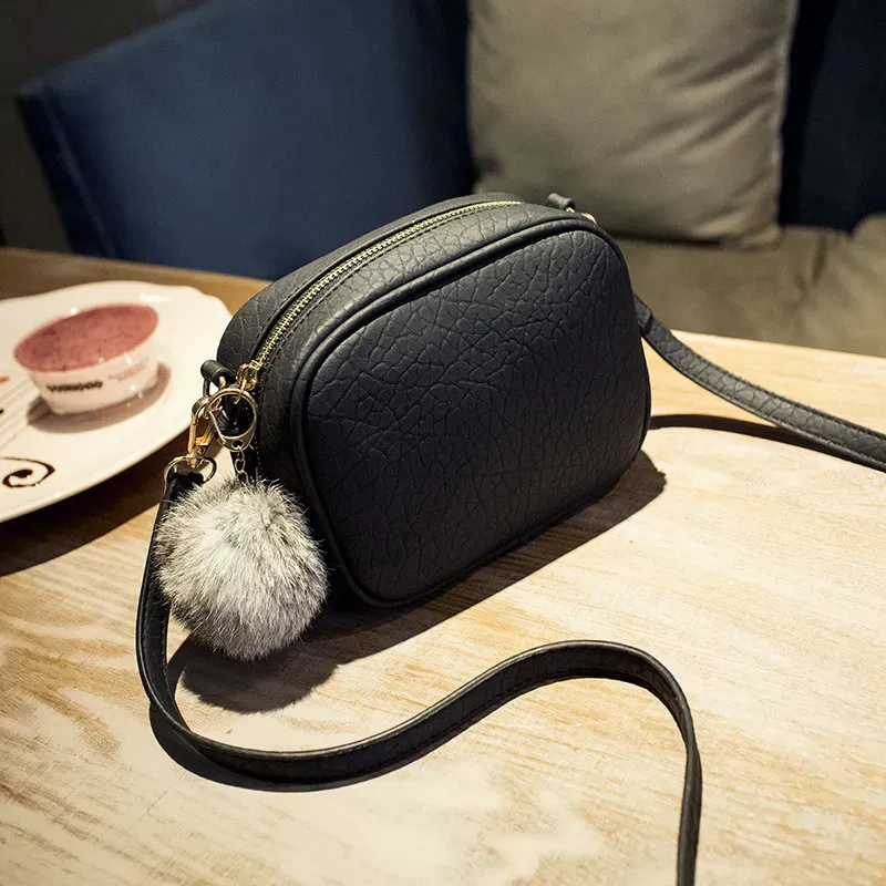 Fashion Women Pompon PU Zipper Crossbody Bag