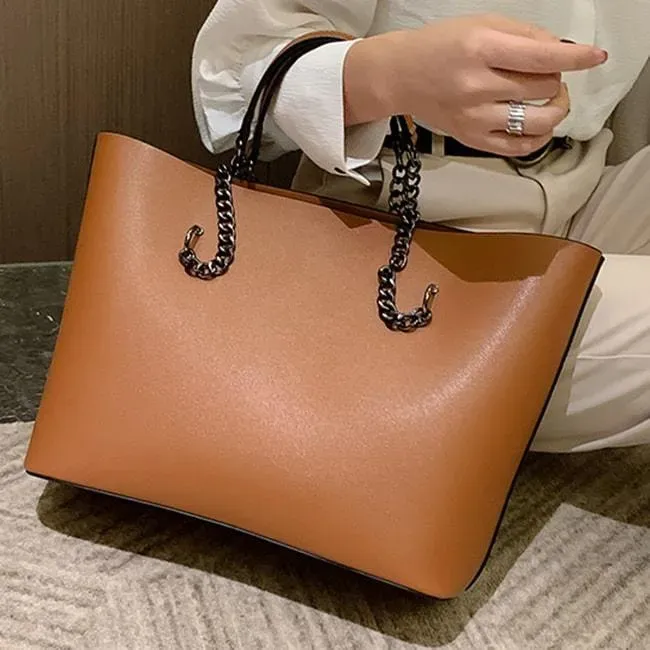 Women Casual Metal Chain Handle Solid Color PU Large Capacity PU Shoulder Bag - Image 3