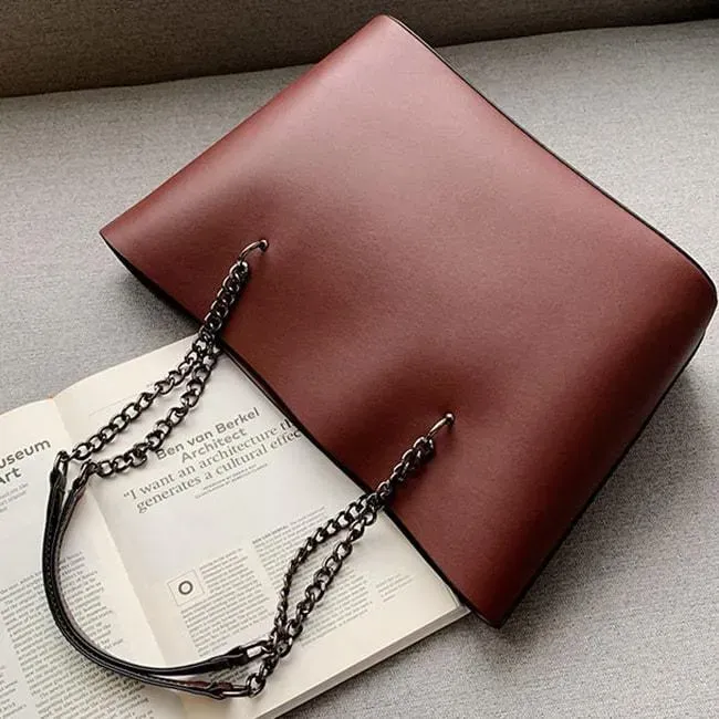 Women Casual Metal Chain Handle Solid Color PU Large Capacity PU Shoulder Bag - Image 4