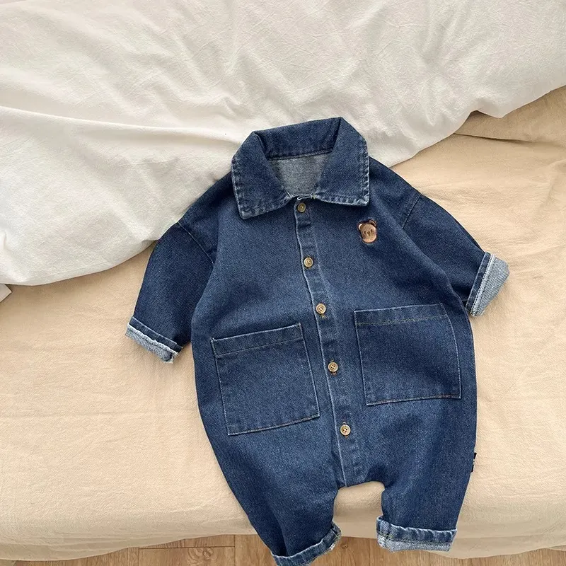 Wholesale Baby Girls Boys Bear Embroidery Short Sleevv Denim Rompers - Image 7