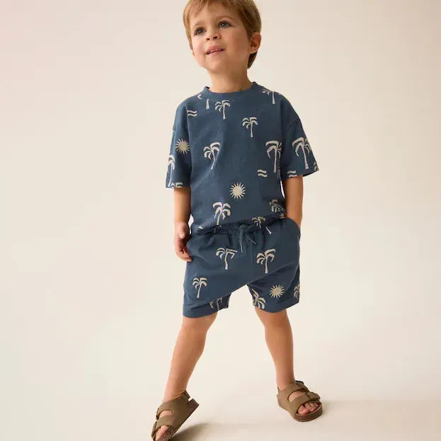 Wholesale Boy Fashion Casual Printed Short-Sleeve T-Shirt Loose Drawstring Shorts Two-Piece Set