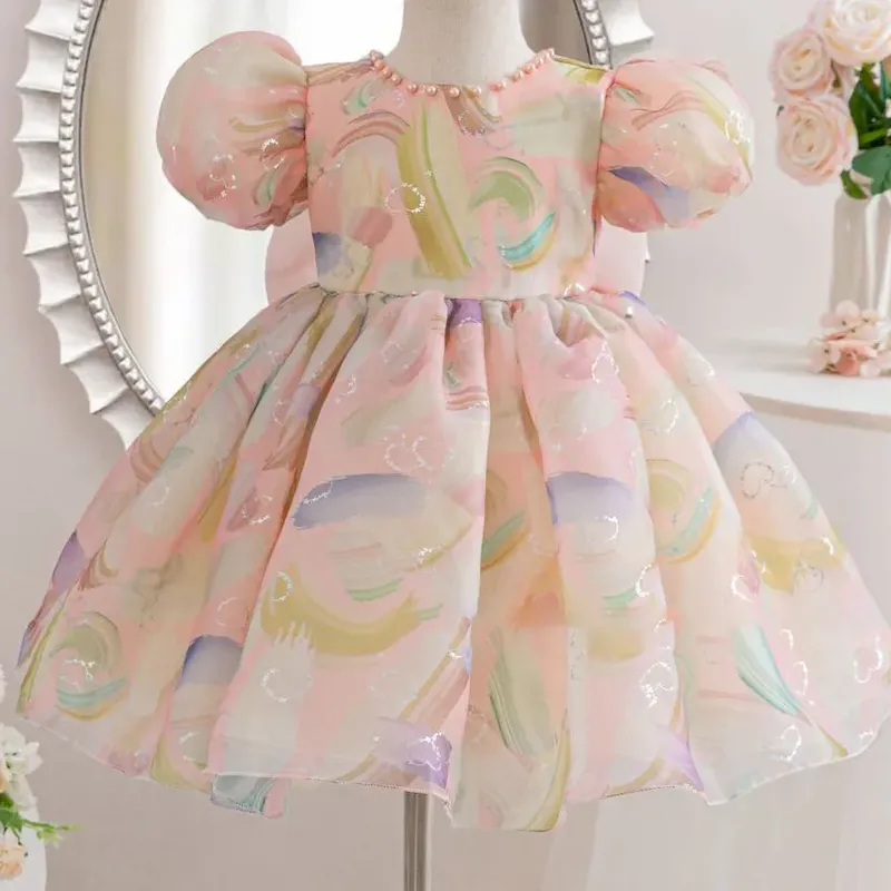 Wholesale Kids Girls' Fashion Cute Mesh Puff Sleeve Bowknot Dress - Image 5