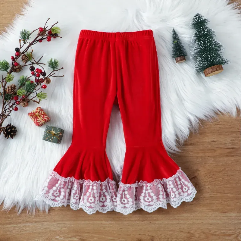 Wholesale Christmas Children Kids Toddler Girls Sweet Lace Ruffle Sleeves Tops And Flared Pants 2pcs Set - Image 4