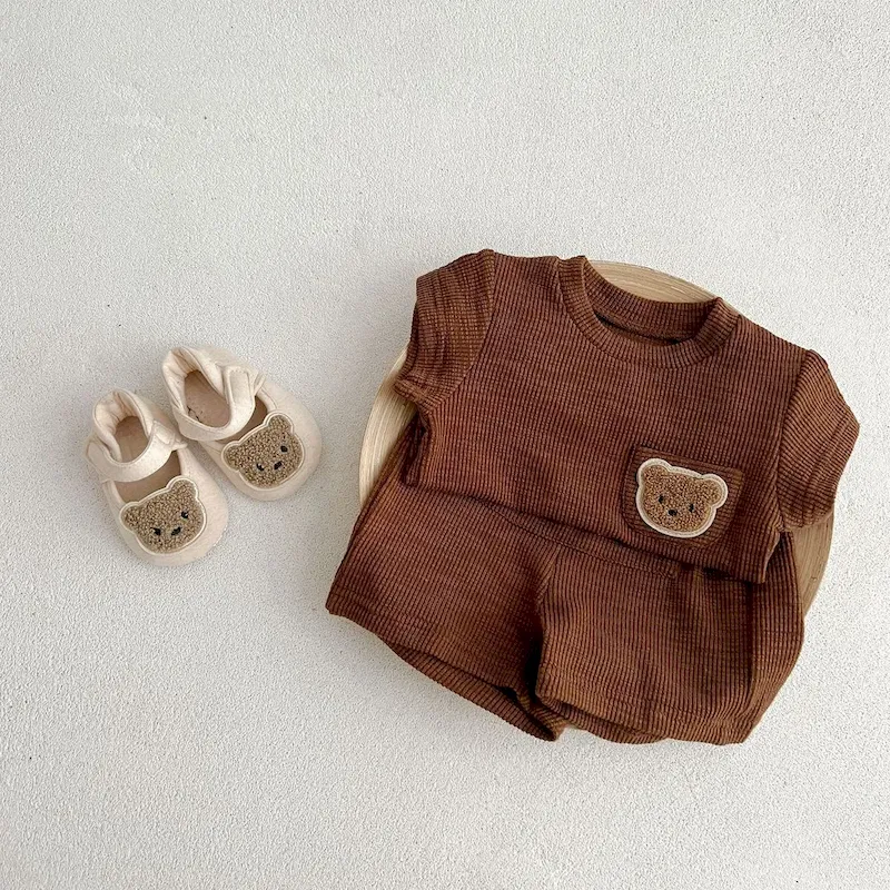 Wholesale Kids Baby Boys Girls Casual Cute Cartoon Bear Stripe Short Sleeve Top Shorts Sets - Image 5