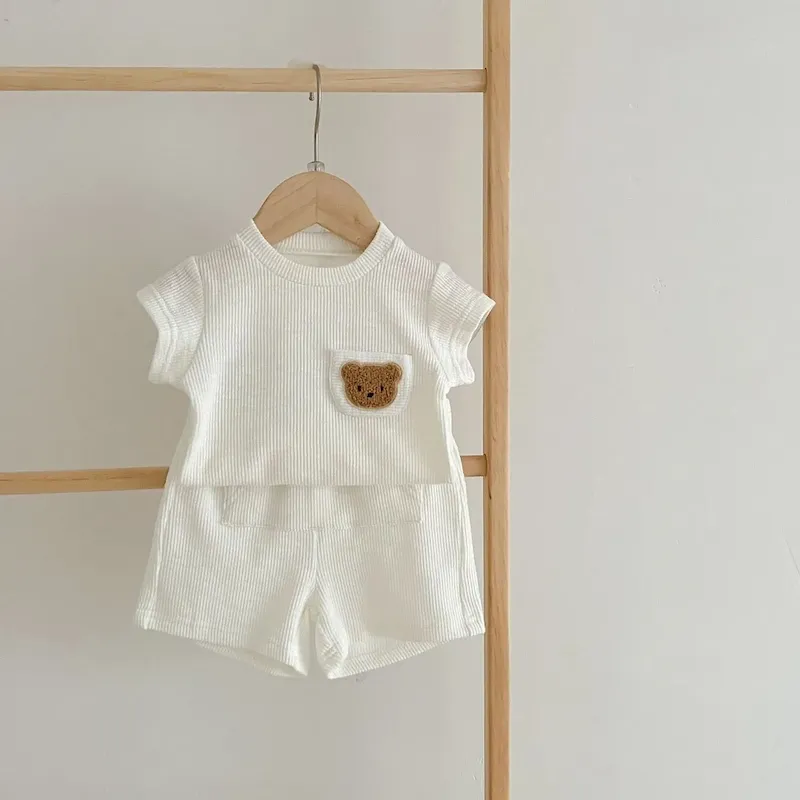 Wholesale Kids Baby Boys Girls Casual Cute Cartoon Bear Stripe Short Sleeve Top Shorts Sets - Image 9