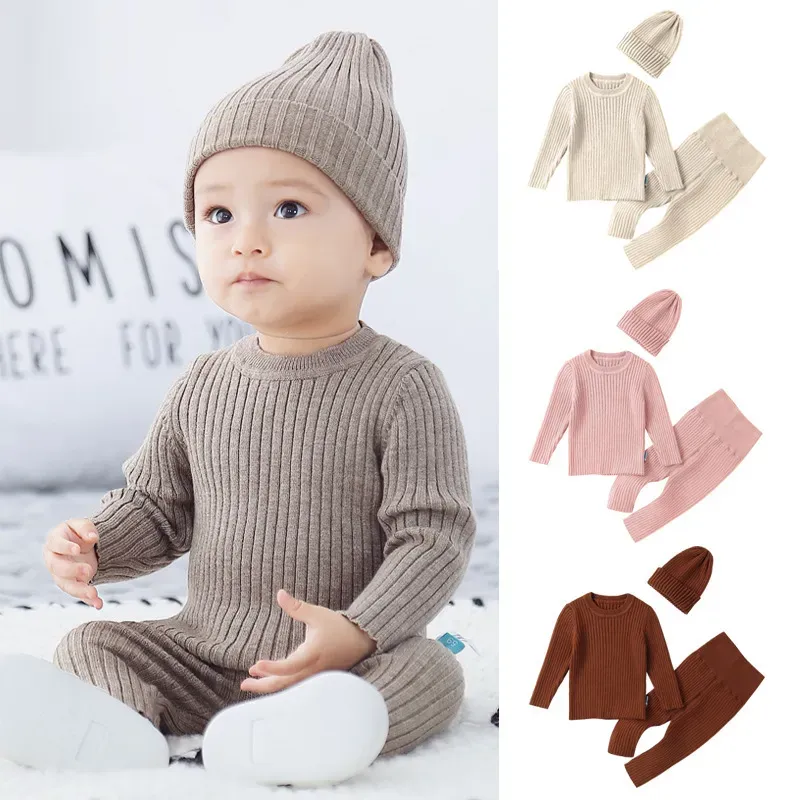 Wholesale Toddlers Newborn Baby Fashion Girls Boys Casual Basic Long Sleeve Solid Color Knitted Top And Pants Set