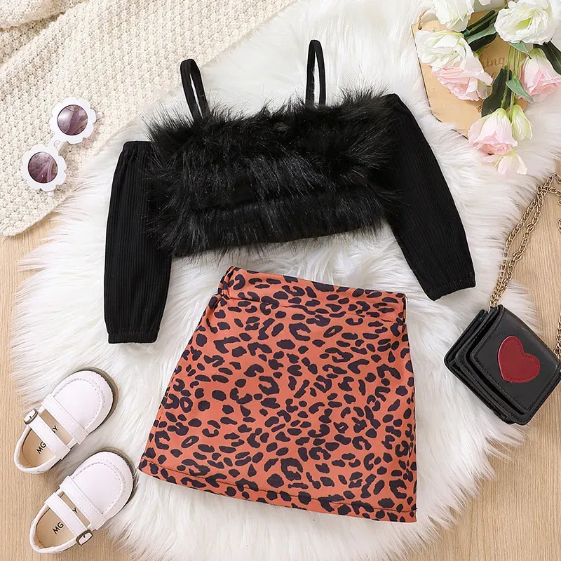 Wholesale Toddlers Newborn Baby Knitted Long-Sleeved Strapless Tube Top And Leopard Skirt 2pcs Set