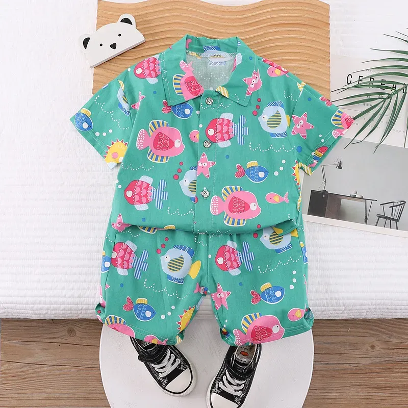 Wholesale Kids Baby Boys Casual Cute Cartoon Print Short Sleeve Lapel Shirt Shorts Sets - Image 31