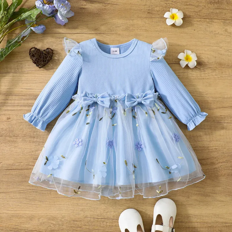 Wholesale Kids Baby Girls Fashion Cute Mesh Embroidered Bowknot Long Sleeve Dress - Image 8