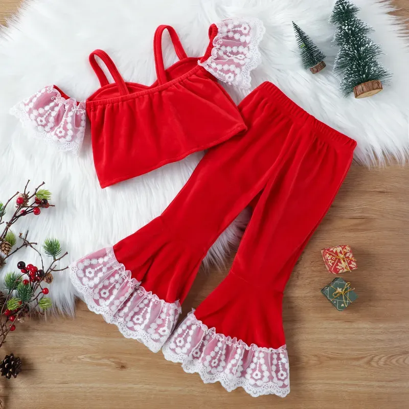 Wholesale Christmas Children Kids Toddler Girls Sweet Lace Ruffle Sleeves Tops And Flared Pants 2pcs Set - Image 5