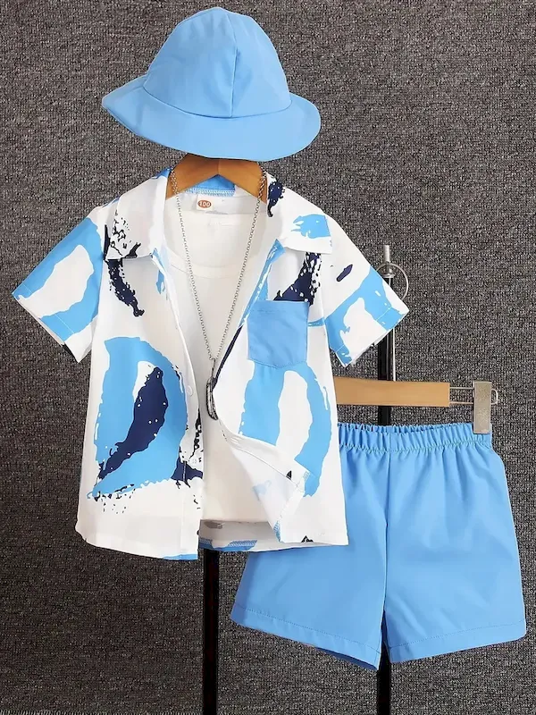 Wholesale Boys Fashion Casual Vacation Printed Short-Sleeve Blouse Loose Shorts Two-Piece Set - Image 29