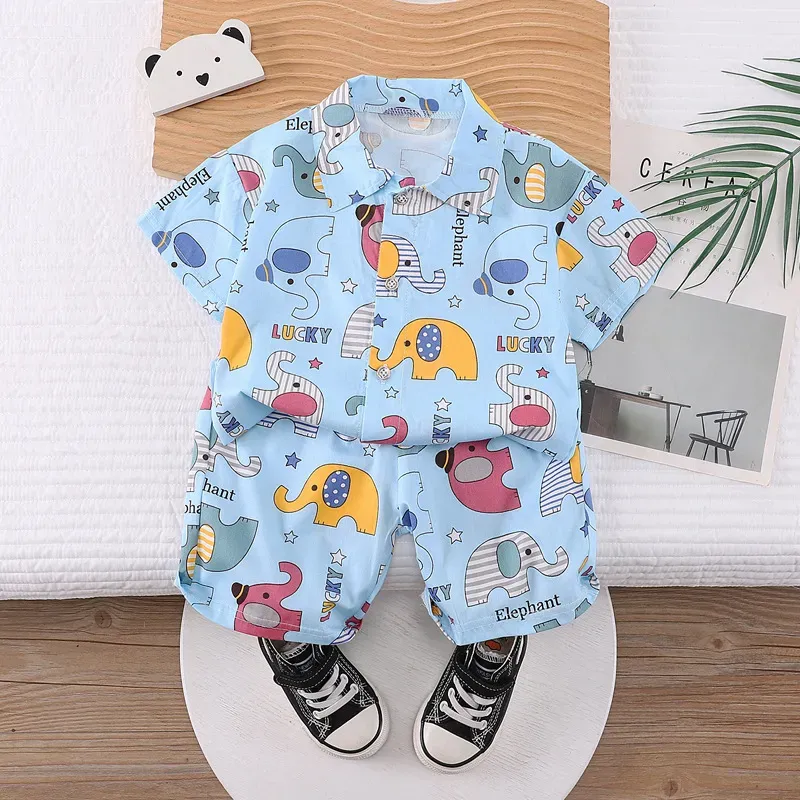 Wholesale Kids Baby Boys Casual Cute Cartoon Print Short Sleeve Lapel Shirt Shorts Sets - Image 19