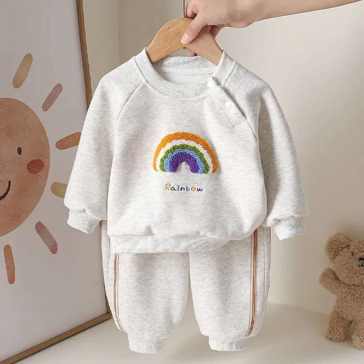 Wholesale Kids Baby Boys And Girls Fashion Autumn Rainbow Round-Neck Long-Sleeve Sweatshirt Loose Pants Two-Piece Set