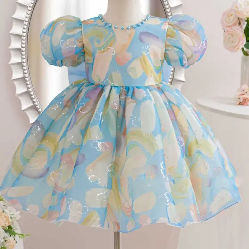 Wholesale Kids Girls' Fashion Cute Mesh Puff Sleeve Bowknot Dress - Image 4