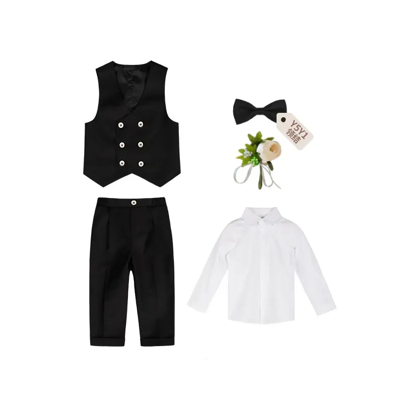 Wholesale Boys' Fashion Solid Color Lapel Long-Sleeve Blouse Tank Top Slim Fit Pants Five-Piece Set - Image 6