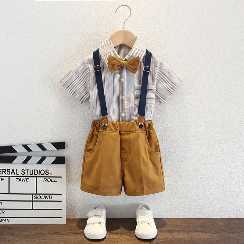 Wholesale Kids Toddler Big Boys Spring Autumn Fashion Casual British Style Bow Waistcoat Stripe Shirt Suspender Trousers Party Clothing Set - Image 9